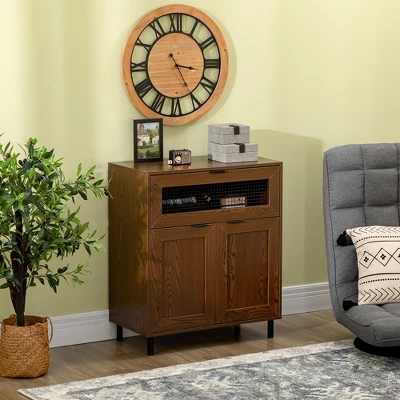 HOMCOM Industrial Buffet Cabinet, Kitchen Sideboard With Metal Grid Flip Drawer, 2-Tier Cabinet, Adjustable Shelf For Living Room, Dining Room, Walnut