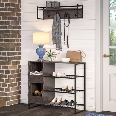 Afton 4 Hook Metal Frame Wall Shelf Woodgrain - RiverRidge Home - Image 2
