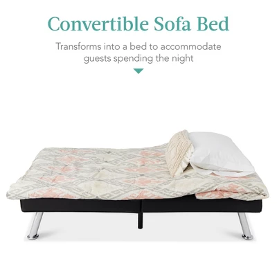 Best Choice Products Modern Faux Leather Convertible Futon Sofa W/ Removable Armrests, Metal Legs, 2 Cupholders - Image 3