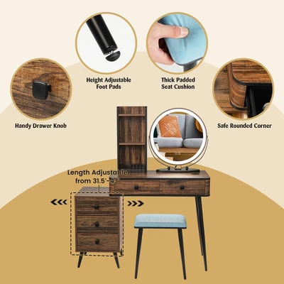 Costway Vanity Makeup Table Set 3-Color Dimmable Human Body Induction LED Light WhiteBrown - Image 7