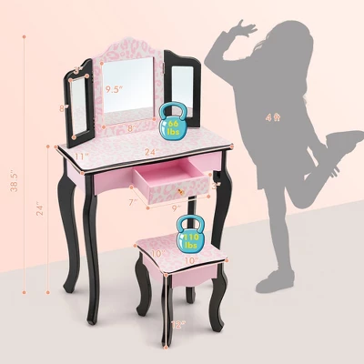 Costway Kid Vanity Set Wooden Makeup Table Stool Tri-Folding Mirror Leopard Print Pink - Image 3