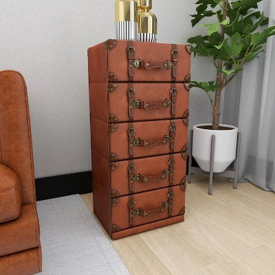 Traditional Faux Leather 5 Drawer Chest Camel Brown - Olivia & May - Image 12