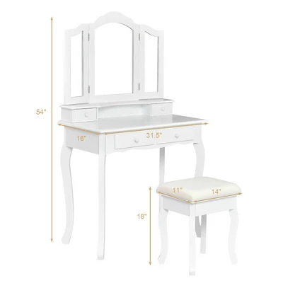 Costway Vanity Makeup Dressing Table Stool 4 Jewelry Wood Desk White