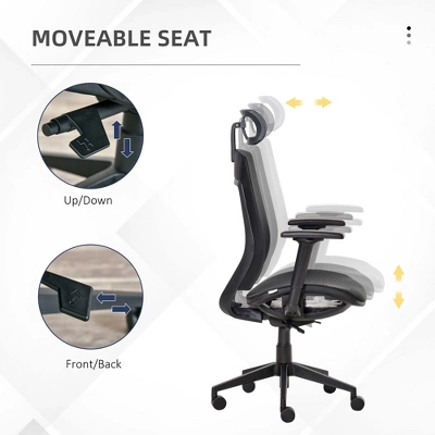 Vinsetto Ergonomic Mesh Office Chair High-Back Desk Chair With Breathable Fabric, Movable Seat, 3D Armrest, Rotatable Headrest, Black - Image 5