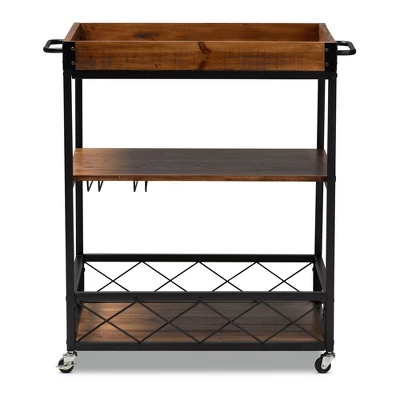 Capri Oak And Finished Mobile Metal Bar Cart With Stemware Rack Brown - Baxton Studio - Image 6