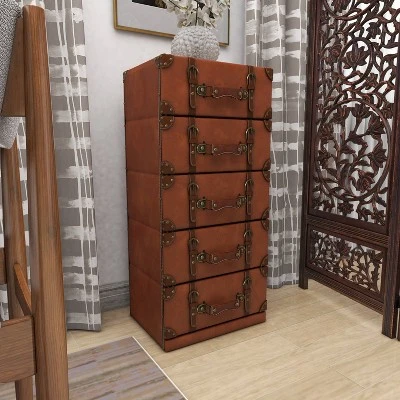 Traditional Faux Leather 5 Drawer Chest Camel Brown - Olivia & May - Image 9