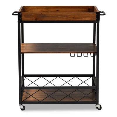Capri Oak And Finished Mobile Metal Bar Cart With Stemware Rack Brown - Baxton Studio - Image 8