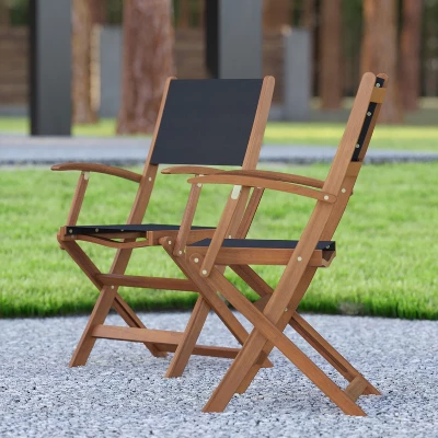 Emma And Oliver Set Of Two Weather Resistant All Natural Acacia Wood Folding Bistro Chairs With Armrests And Textilene Mesh Seats And Backs - Image 3