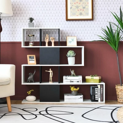 Costway 5-Tier Bookshelf Corner Ladder Bookcase Display Storage Rack Black White - Image 3