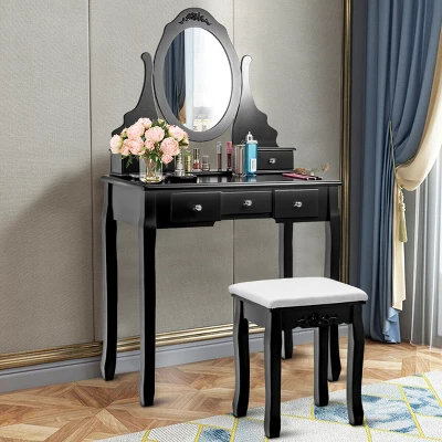 Costway Vanity Jewelry Wooden Makeup Dressing Table Set W/Stool Mirror & 5 Drawers Black - Image 4