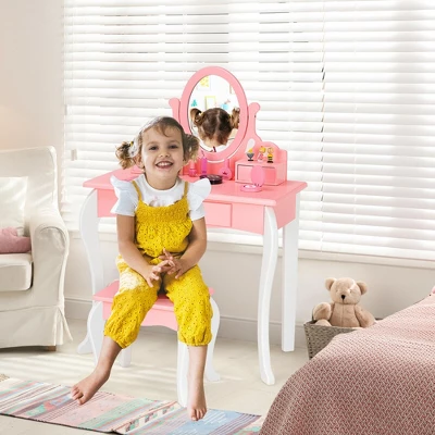 Costway Kids Vanity Princess Makeup Dressing Table Stool Set W/ Mirror Drawer - Image 2