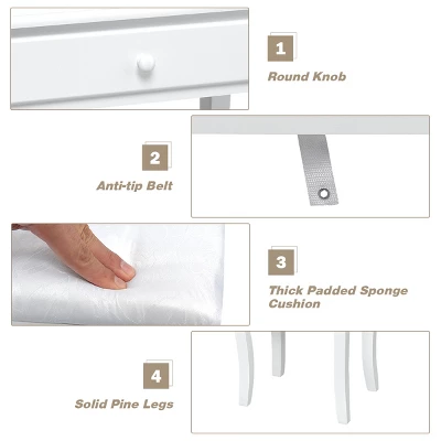 Tangkula Make-Up Vanity Table Dresser Set W/LED Light & Padded Stool - Image 3