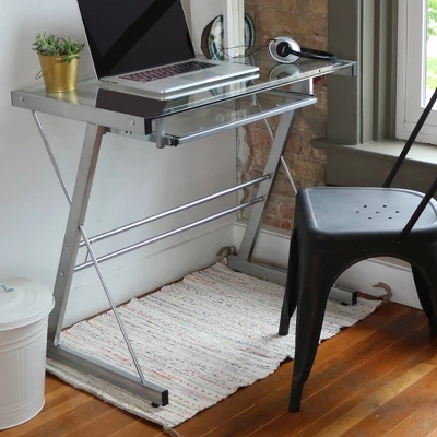 Glass Computer Desk With Keyboard Tray Silver - Saracina Home - Image 3
