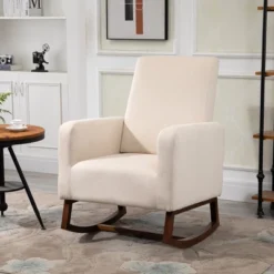 HOMCOM Accent Lounge Rocking Chair With Solid Curved Wood Base And Linen Padded Seat