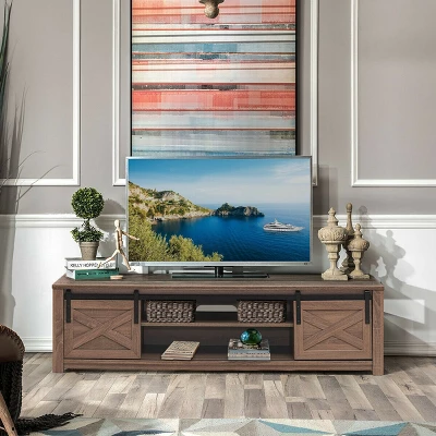 Costway Sliding Barn Door TV Stand For TV's Up To 65'' Storage Shelf Entertainment Center - Image 3