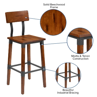 Emma And Oliver 4 Pack Commercial Grade Rustic Walnut Industrial Style Wood Dining Barstool - Image 5