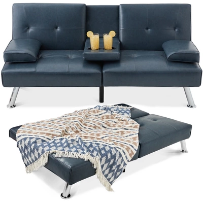 Best Choice Products Modern Faux Leather Convertible Futon Sofa W/ Removable Armrests, Metal Legs, 2 Cupholders - Image 11