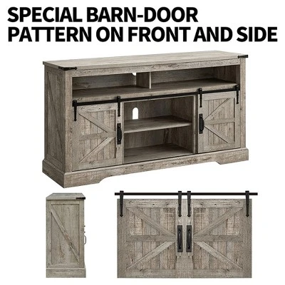 OKD 60-Inch Sliding Barn Door Wooden Farmhouse Highboy TV Table Stand Media Console Table With Adjustable Shelf And 150 Lb Capacity, Rustic Light Oak - Image 2
