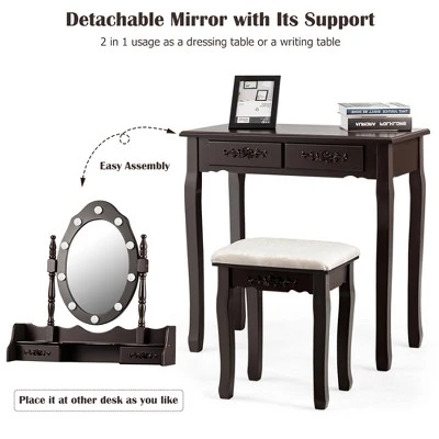 Costway Makeup Vanity Dressing Table Set W/10 Dimmable Bulbs Cushioned Stool - Image 7