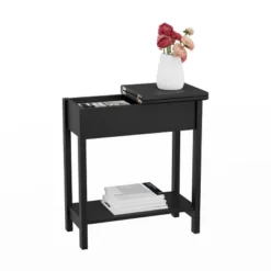 Hastings Home Flip-Top End Table With Hidden Hinged Storage Compartment And Lower Shelf - Matte Black