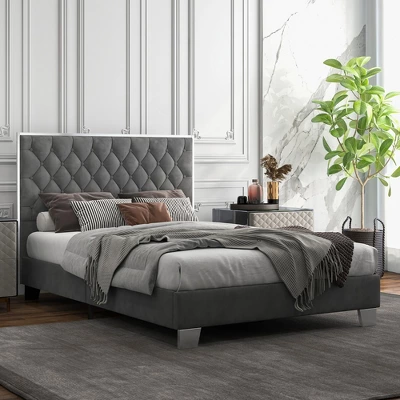 Costway Upholstered Bed Mattress Foundation With Button Tufted Velvet Headboard - Image 4