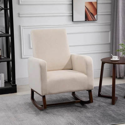 HOMCOM Accent Lounge Rocking Chair With Solid Curved Wood Base And Linen Padded Seat - Image 2