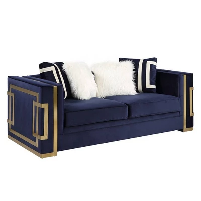 80" Virrux Loveseat Blue Velvet/Gold Finish - Acme Furniture - Image 2