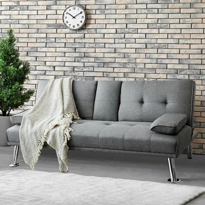 Costway Convertible Folding Futon Sofa Bed Fabric W/2 Cup Holders Light Gray/Dark Gray - Image 3