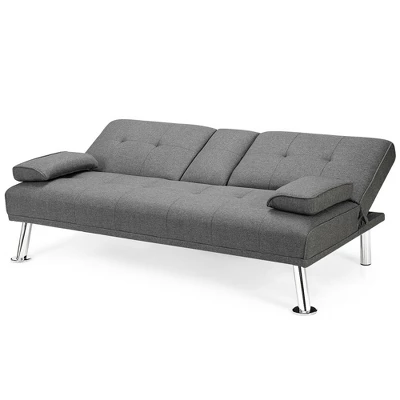 Costway Convertible Folding Futon Sofa Bed Fabric W/2 Cup Holders Light Gray/Dark Gray - Image 4