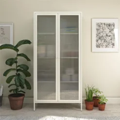 RealRooms Shadwick 2 Door Tall Metal Locker Style Storage Cabinet-Fluted Glass Doors