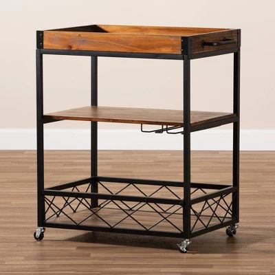 Capri Oak And Finished Mobile Metal Bar Cart With Stemware Rack Brown - Baxton Studio - Image 2