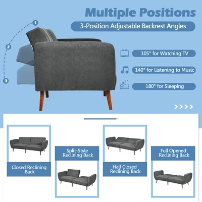 Costway Convertible Futon Sofa Bed Adjustable Couch Sleeper W/ Wood Legs NavyGreyYellow - Image 7