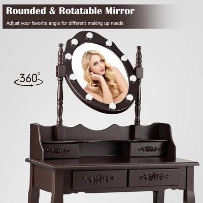 Costway Makeup Vanity Dressing Table Set W/10 Dimmable Bulbs Cushioned Stool - Image 5