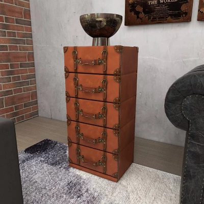 Traditional Faux Leather 5 Drawer Chest Camel Brown - Olivia & May - Image 11