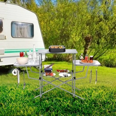 Costway Foldable Camping Table Outdoor Kitchen Portable Grilling Stand Folding BBQ Table - Image 2