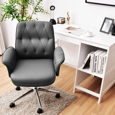 Costway Modern Home Office Leisure Chair PU Leather Adjustable Swivel W/ Armrest - Image 3