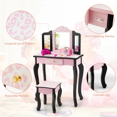 Costway Kid Vanity Set Wooden Makeup Table Stool Tri-Folding Mirror Leopard Print Pink - Image 8