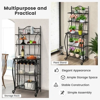 Costway 5-Tier Metal Kitchen Bakers Rack Microwave Storage Rack Oven Stand With Wine Organizer - Image 7