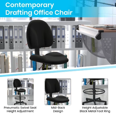 Emma And Oliver Black Fabric Mid-Back Drafting Chair With Back Depth Adjustment, Height Adjustable Swivel Seat And Footring - Image 2