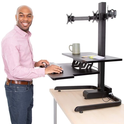 Techtonic Electric 3 Arm Monitor Mount Standing Desk - Sit To Stand Desk Converter With Keyboard Tray β Black β Stand Steady