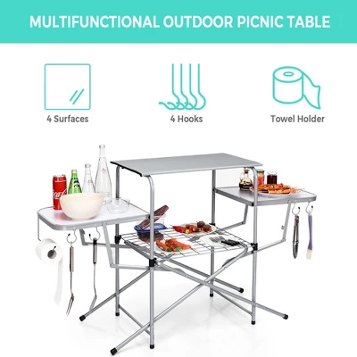 Costway Foldable Camping Table Outdoor Kitchen Portable Grilling Stand Folding BBQ Table - Image 3