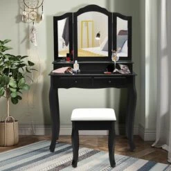 Costway Vanity Makeup Dressing Table Set W/Stool 4 Drawer&Mirror Jewelry Wood Desk Black