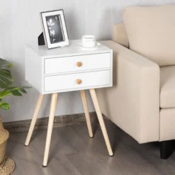 Costway Mid Century Modern 2 Drawers Nightstand In White Sofa Side Table End Table