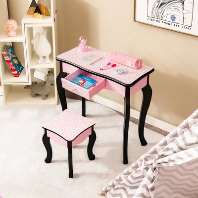 Costway Kid Vanity Set Wooden Makeup Table Stool Tri-Folding Mirror Leopard Print Pink - Image 2