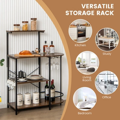 Costway Kitchen Bakers Rack Microwave Stand Coffee Bar W/ S-Hooks & Stemware Holder - Image 7