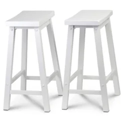 PJ Wood Classic Saddle-Seat 24" Tall Kitchen Counter Stools For Homes, Dining Spaces, And Bars W/Backless Seats, 4 Square Legs, White (4 Pack)