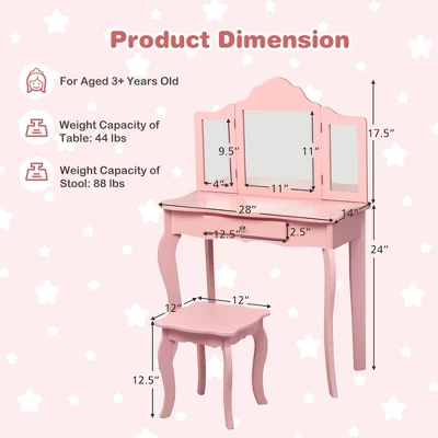 Costway Kids Vanity Table & Stool Princess Dressing Make Up Play Set For Girls Pink - Image 9