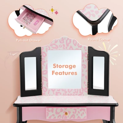 Costway Kid Vanity Set Wooden Makeup Table Stool Tri-Folding Mirror Leopard Print Pink - Image 6