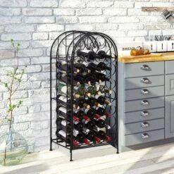 HOMCOM 35 Bottle Wrought Iron Wine Rack Cabinet With Lock, Black
