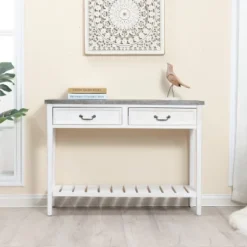 LuxenHome Farmhouse Distressed White Wood Console Table With Storage